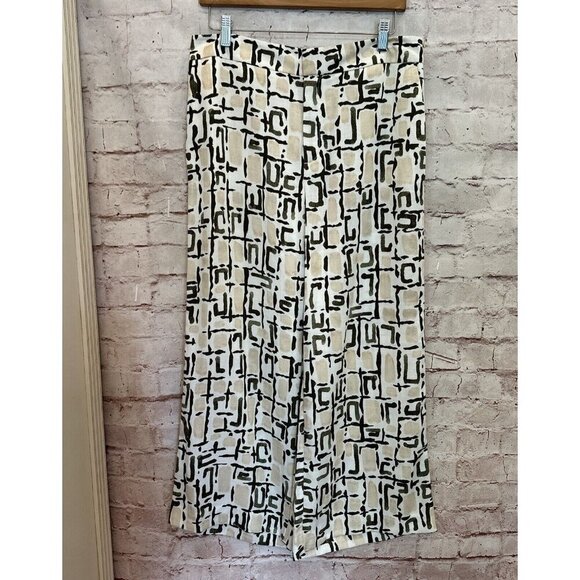 Ann Taylor Wide Leg Crop Pants Lyocell Green Ivory Geometric Print Size 6 NEW - Picture 1 of 8